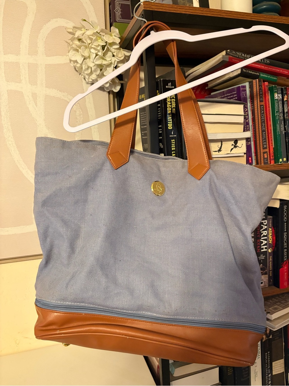 Joy Mangano Light Blue Canvas Tote with Brown Trim